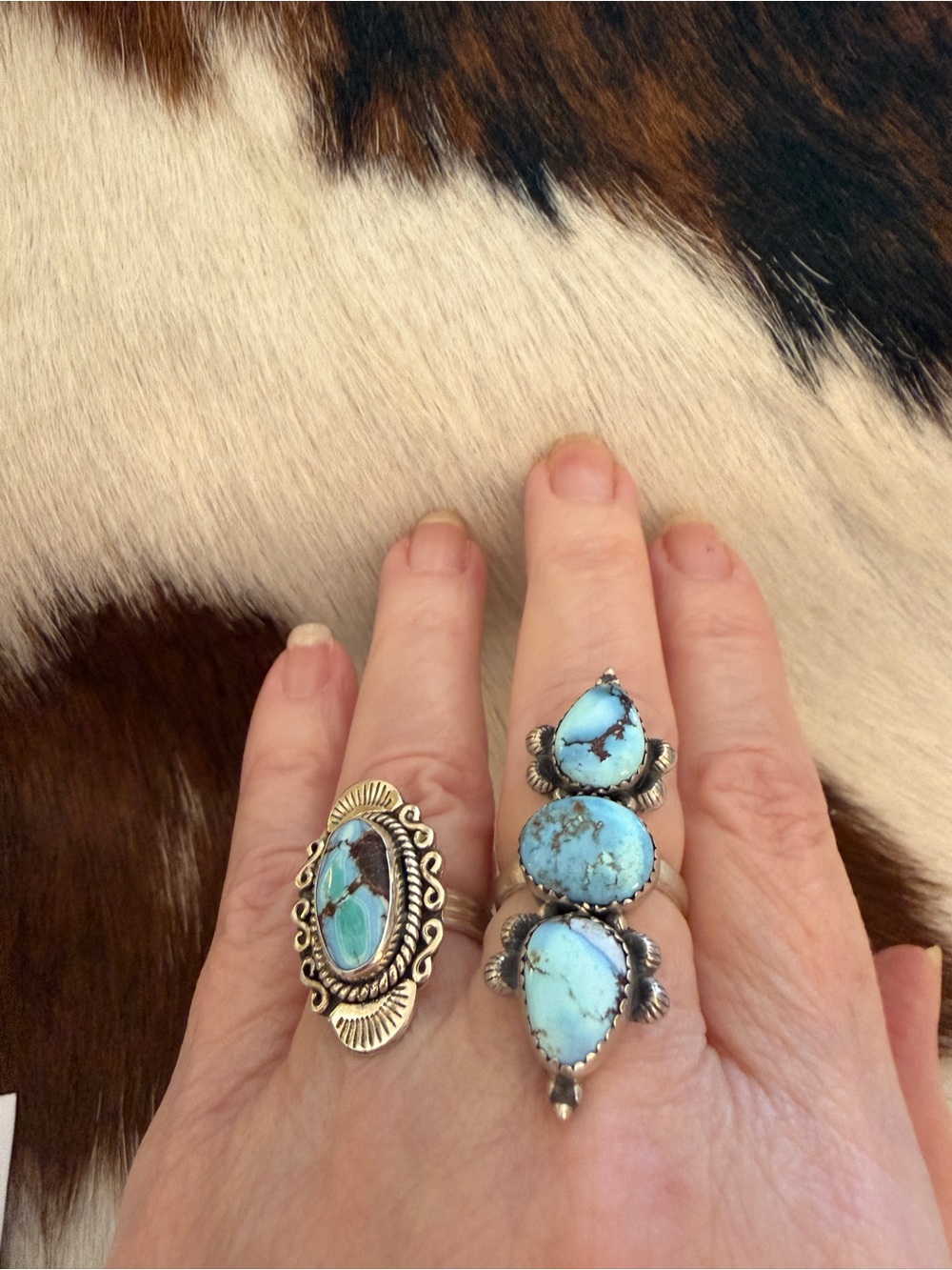 ❤️ Golden Hills 3 Stone Turquoise Sterling Silver Navajo Style Ring Adjustable - Picture 3 of 16